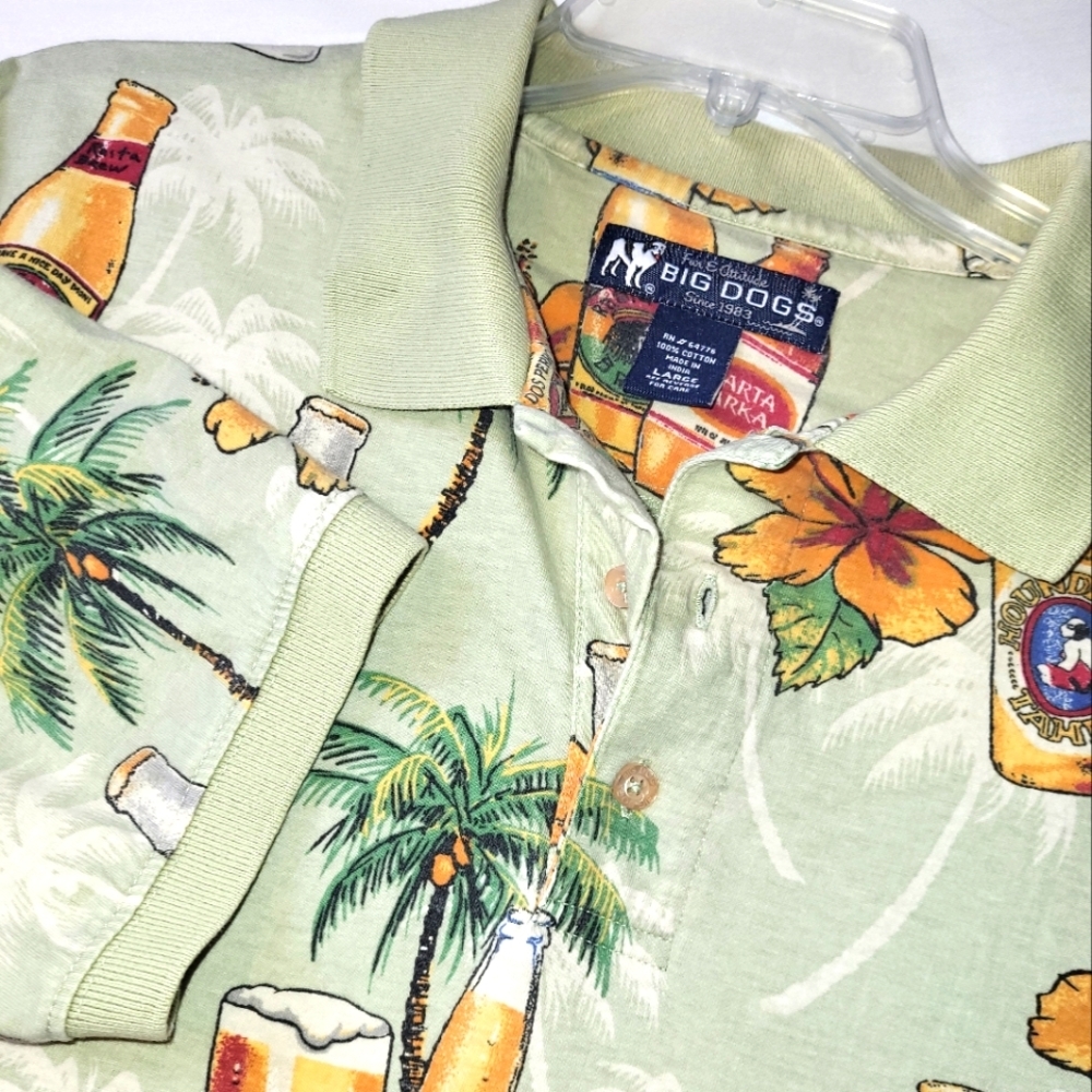 Big Dogs Men's Tropical Beer Polo Shirt‎ Size Large Floral Green Cotton Fun